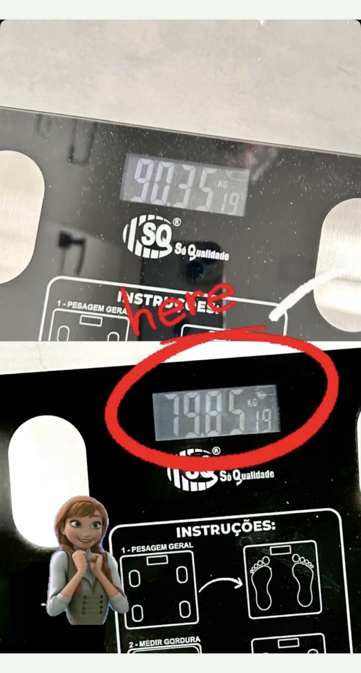 Balança de aluna mostrando 90,35 kg antes e 79,85 kg depois