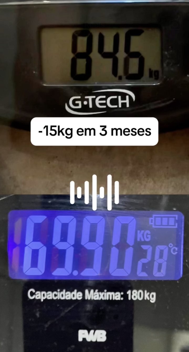 Balança de aluna mostrando 84,6 kg antes e 69,0 kg depois, menos 15 kg em 3 meses